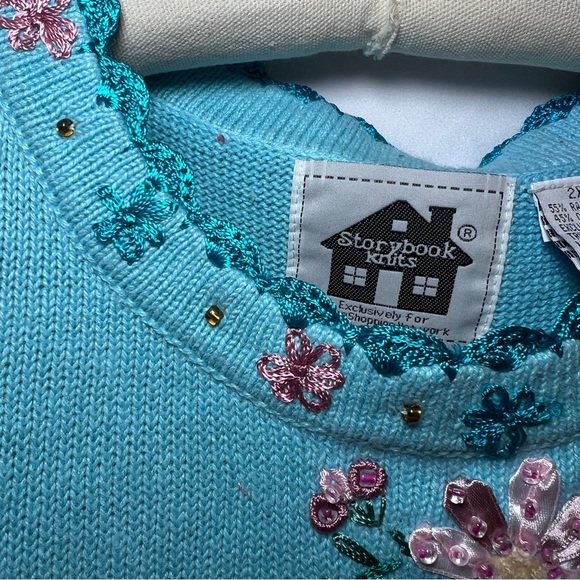 Storybook Knits Vintage Flower Sleeveless Sweater- Turquoise- Size 2X - Picture 4 of 10